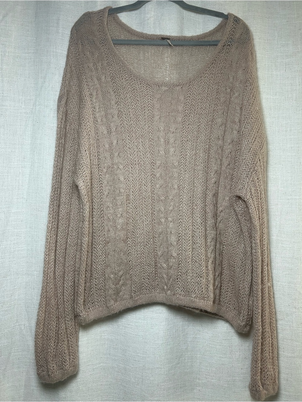 Free People Taupe Cable Knit Scoop Neck Sweater